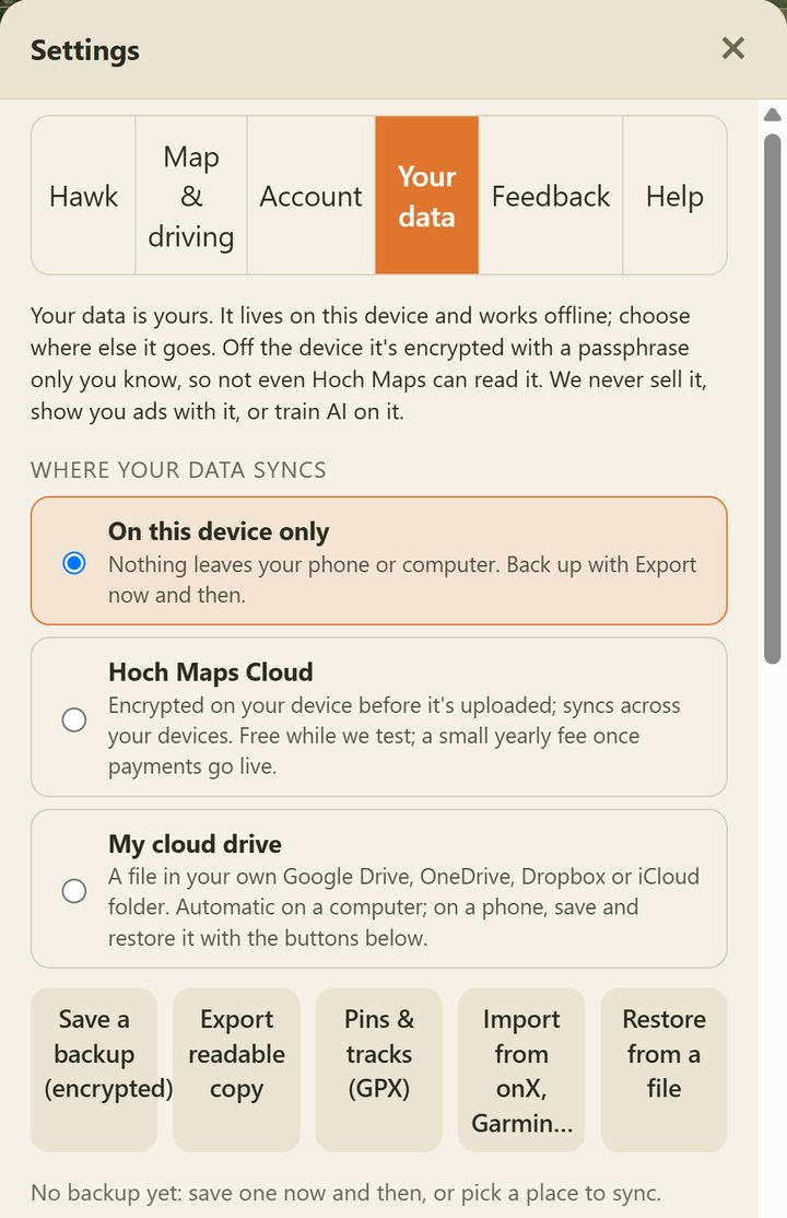 The Your data screen in Hoch Maps settings